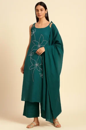 KPD-119-1 Teal Blue Vatican Silk Embroidered Suit Set with Shoulder Tie-Knots & Dupatta