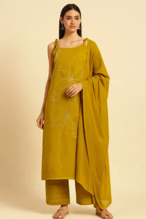KPD-120-1 Mustard Yellow Embroidered Knot-Shoulder Kurti Set