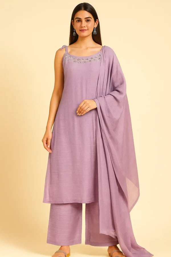 Lavender Cotton Mirror Work Kurta Pant Dupatta Set