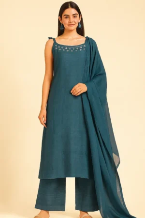 KPD-126-1 Teal Green Mirror Work Cotton Suit Set