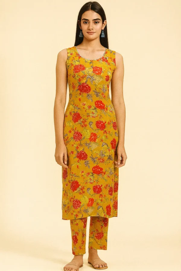 Yellow Floral Sleeveless Kurta Pant Set (Without Dupatta)