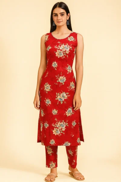 KPD-128-1 Red Floral Sleeveless Kurta with Pant Set (Without Dupatta)