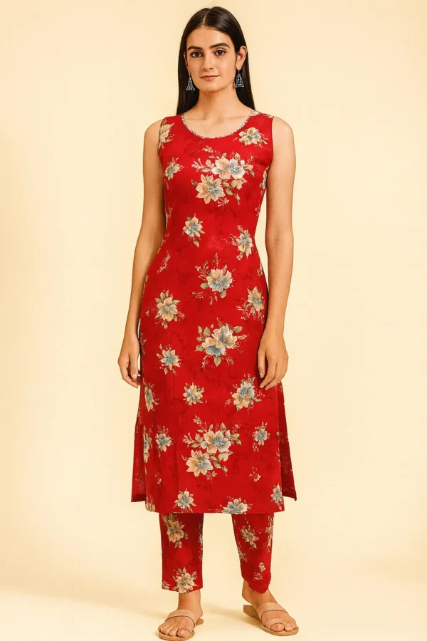 Red Floral Sleeveless Kurta with Pant Set (Without Dupatta)