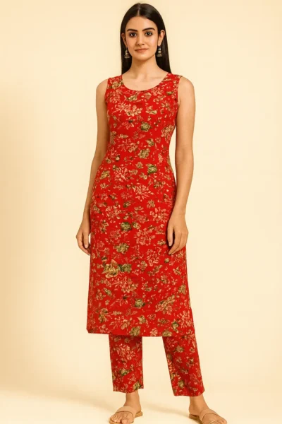 KPD-129-1 Red Floral Sleeveless Kurta with Pant Set