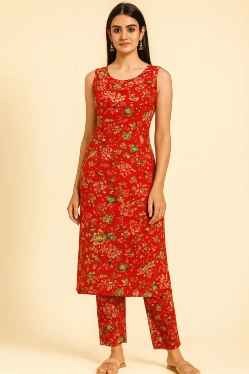 KPD-129-1 Red Floral Sleeveless Kurta with Pant Set