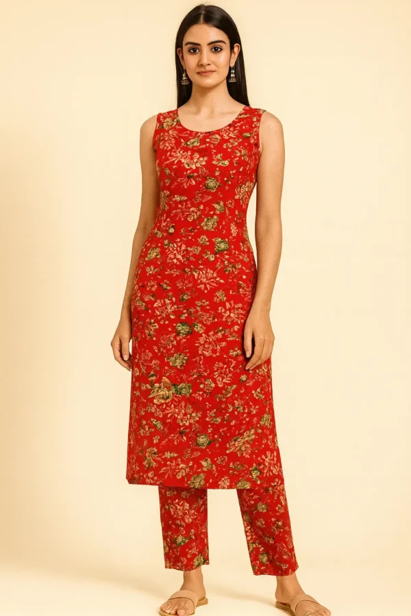 Red Floral Sleeveless Kurta with Pant Set