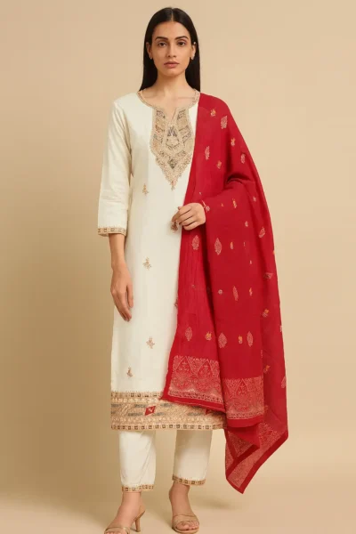 KPD-131-1 Elegant White Cotton Silk Suit with Red Embroidered Dupatta