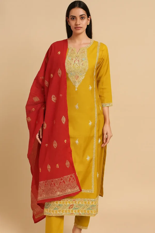 Mustard Yellow & Red Embroidered Cotton Silk Suit Set