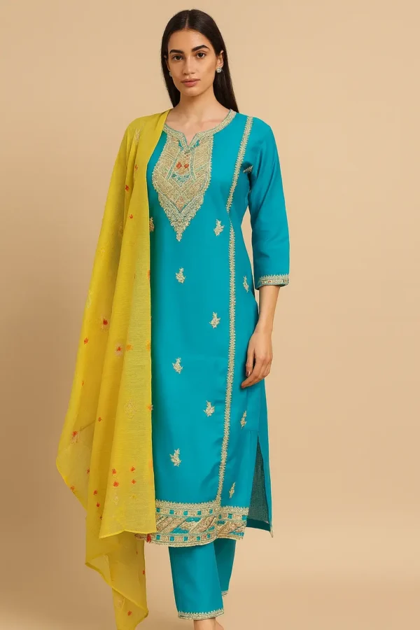 Teal Blue & Yellow Embroidered Cotton Silk Suit Set