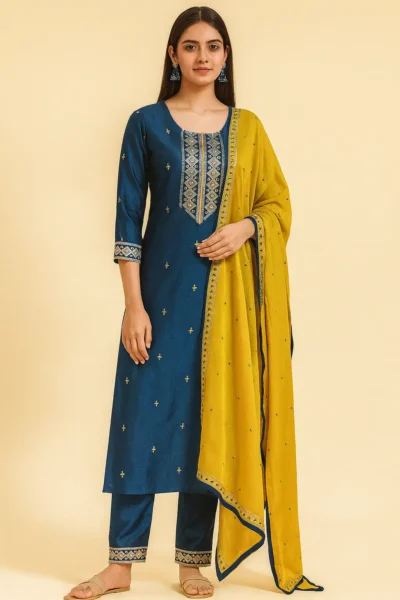 KPD-134-1 Navy Blue & Mustard Yellow Silk Blend Suit Set with Mirror Work