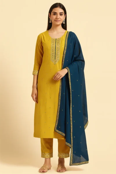 KPD-135-1 Yellow Cotton Silk Embroidered Suit Set with Navy Dupatta