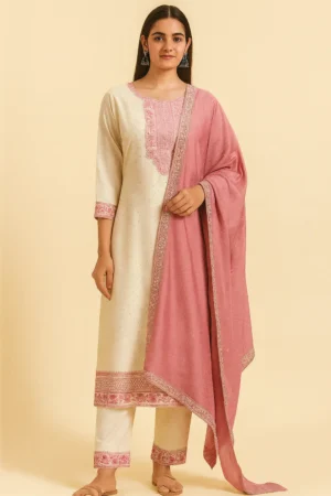 KPD-136-1 Elegant Cotton Silk Embroidered Suit Set with Dupatta – Cream & Pink