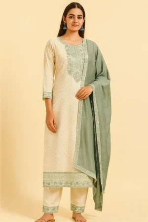 KPD-137-1 Elegant Cream & Green Cotton Silk Suit Set with Dupatta