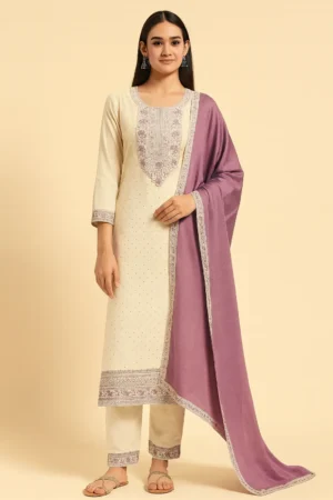KPD-138-1 Elegant Cream & Lavender Embroidered Cotton Silk Suit Set with Dupatta