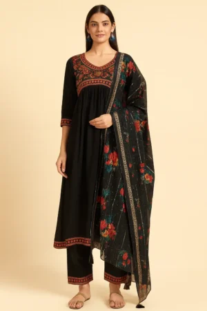 KPD-139-1 Black Embroidered Kurta Pant with Floral Dupatta