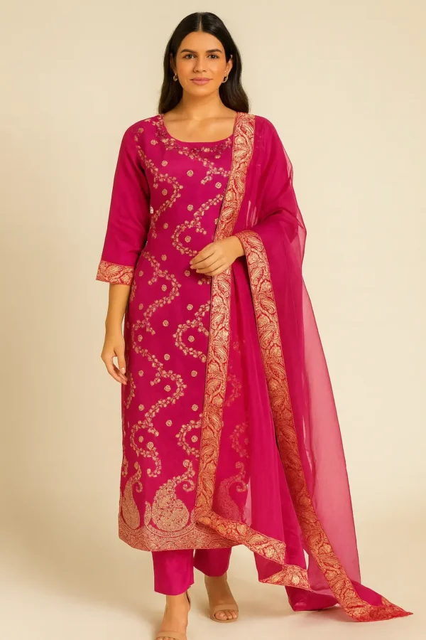 Fuchsia Pink Banarasi Suit Set with Dupatta