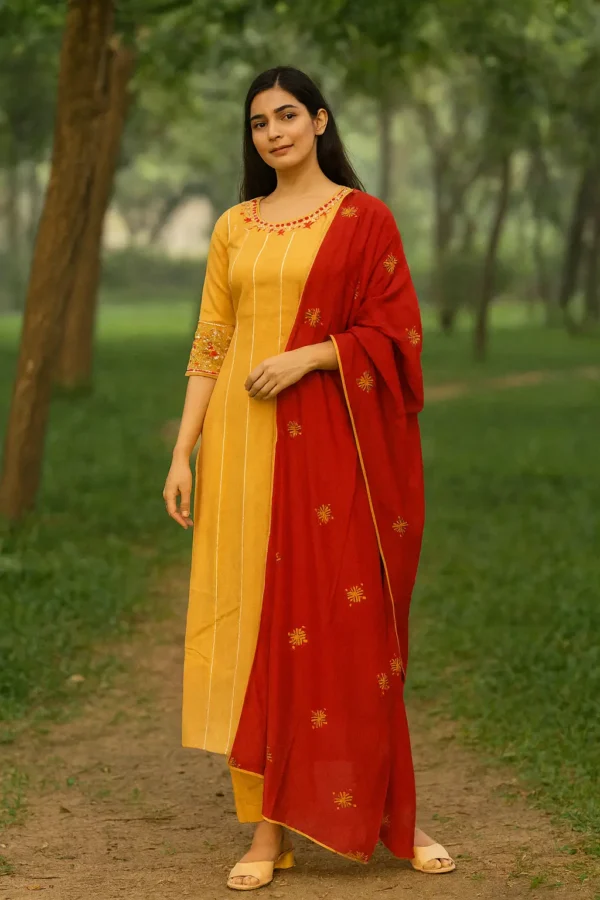 Mustard Yellow Cotton Silk Kurta Set with Red Dupatta