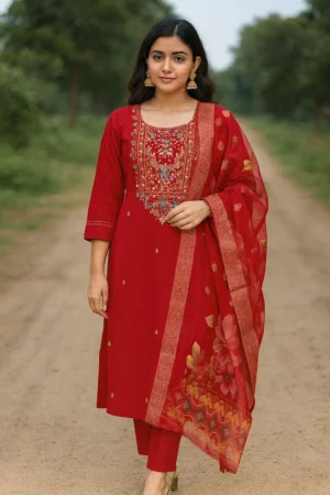 KPD-144-1 Elegant Red Embroidered Kurta Pant Dupatta Set