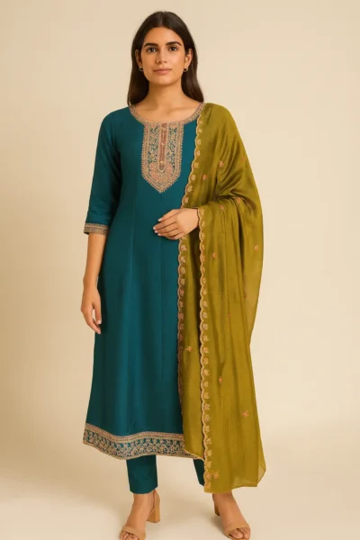 KPD-145-1 Teal Blue Embroidered Kurta Pant Dupatta Set