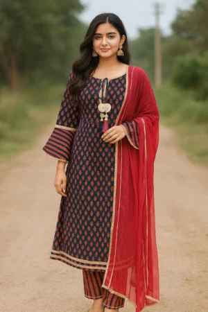 KPD-146-1 Navy Blue Printed Kurta Set with Striped Pants & Red Dupatta