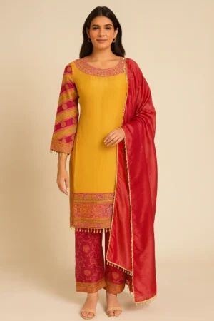 KPD-148-1 Mustard & Red Banarasi Suit Set