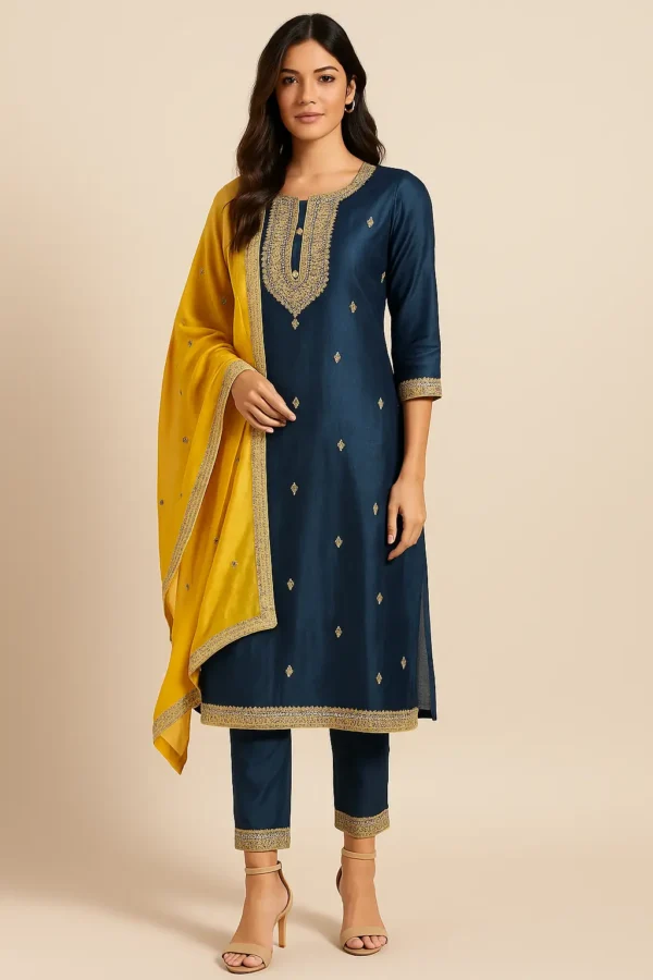 Embroidered Blue Kurta Pant Dupatta Set with Mustard Dupatta
