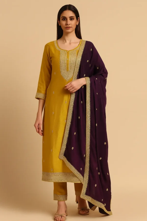 Elegant Mustard Yellow & Purple Silk Embroidered Suit Set