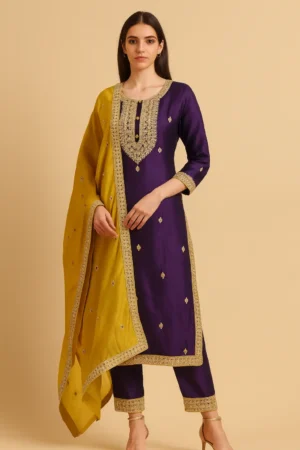 KPD-151-1 Purple Silk Embroidered Suit Set with Mustard Dupatta