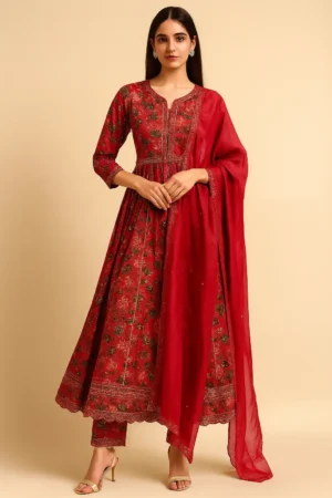 KPD-152-1 Elegant Red Floral Kurta Pant Dupatta Set