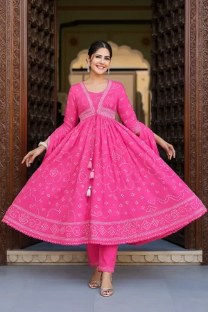KPD-153-1 Pink Bandhani Anarkali Kurta with Pant Set