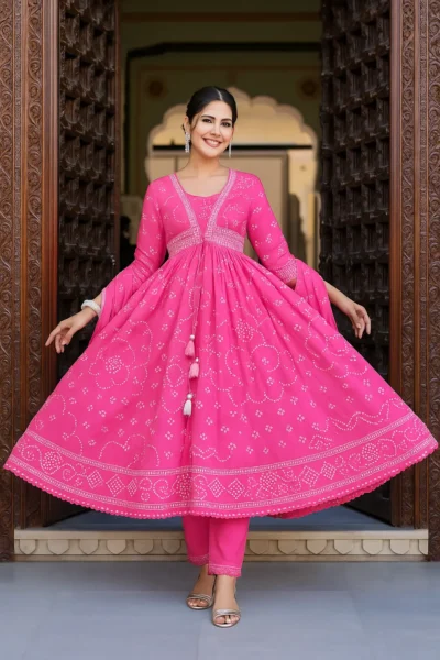 KPD-153-1 Pink Bandhani Anarkali Kurta with Pant Set