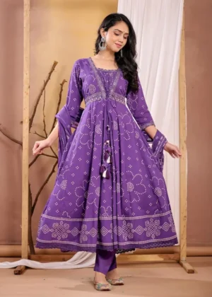 KPD-154-1 Purple Bandhani Anarkali Kurta Pant Dupatta Set