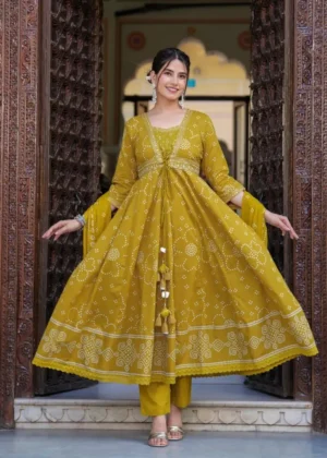 KPD-155-1 Mustard Yellow Bandhani Anarkali Kurta Pant Dupatta Set
