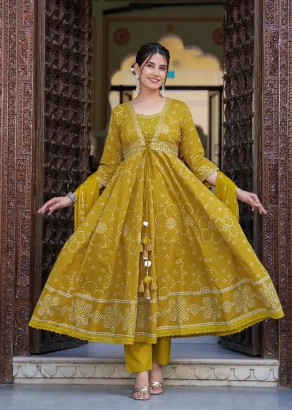 Mustard Yellow Bandhani Anarkali Kurta Pant Dupatta Set