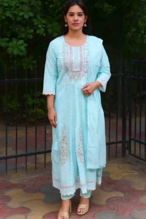 KPD-156-1 Sky Blue Embroidered Cotton Kurta Pant Dupatta Set