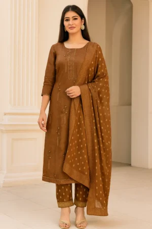 KPD-157-1 Copper Brown Embroidered Kurta Pant Dupatta Set