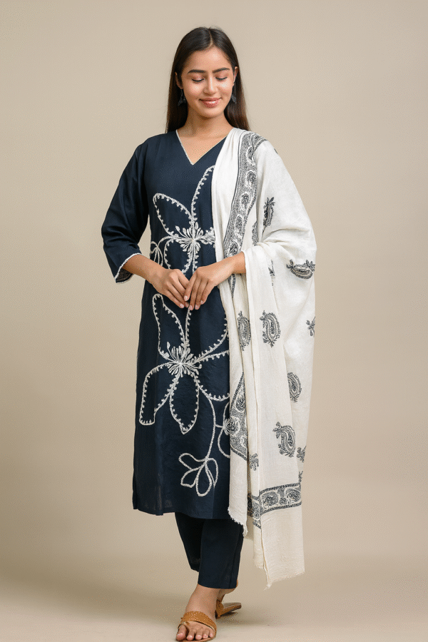 Black Embroidered Cotton Kurta Set with Dupatta