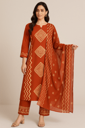 KPD-162-1 Rust Red Geometric Print Kurta Pant Dupatta Set