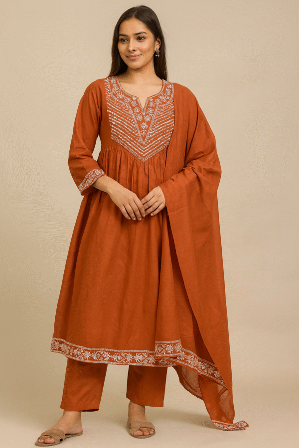 Rust Orange Embroidered Kurta Pant Dupatta Set