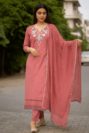 KPD-164-1 Elegant Pink Embroidered Kurta Pant Dupatta Set