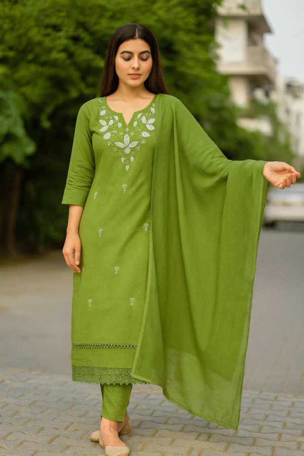 Green Embroidered Kurta Pant Dupatta Set