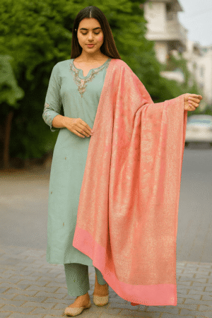 KPD-166-1 Pastel Green Embroidered Kurta Pant Dupatta Set with Contrast Dupatta