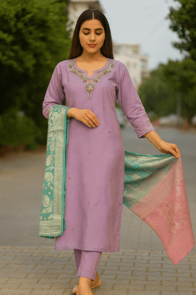KPD-167-1 Lavender Embroidered Silk Kurta Pant Dupatta Set