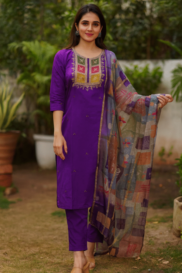 Royal Purple Embroidered Kurta Pant Dupatta Set
