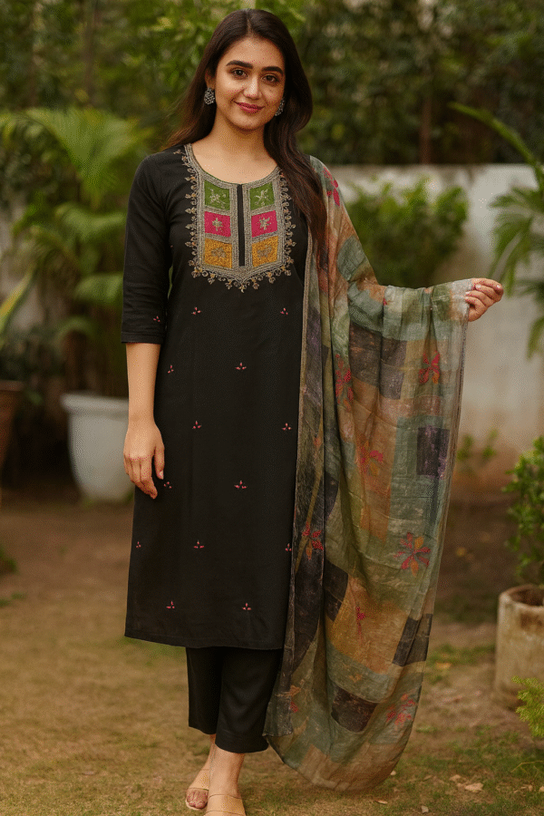 Black Embroidered Kurta Pant Dupatta Set
