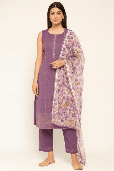 KPD-170-1 Purple Sequin Work Kurta Pant Dupatta Set
