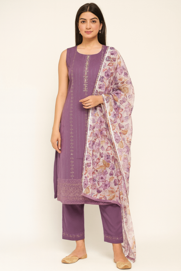 Purple Sequin Work Kurta Pant Dupatta Set