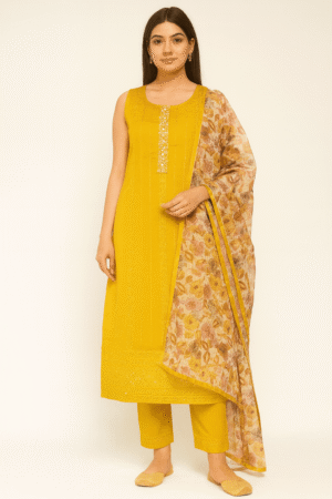 KPD-172-1 Mustard Yellow Sequin Work Kurta Pant Dupatta Set