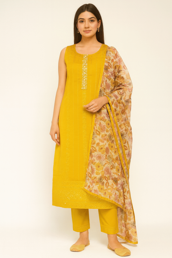 Mustard Yellow Sequin Work Kurta Pant Dupatta Set