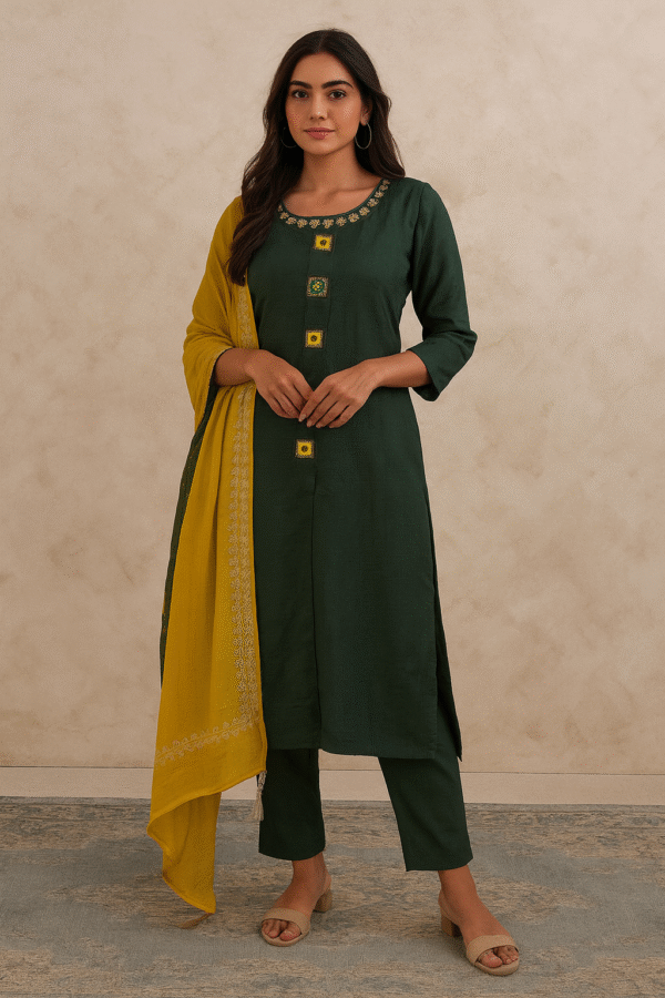 Emerald Green Hand-Embroidered Kurta Pant Dupatta Set